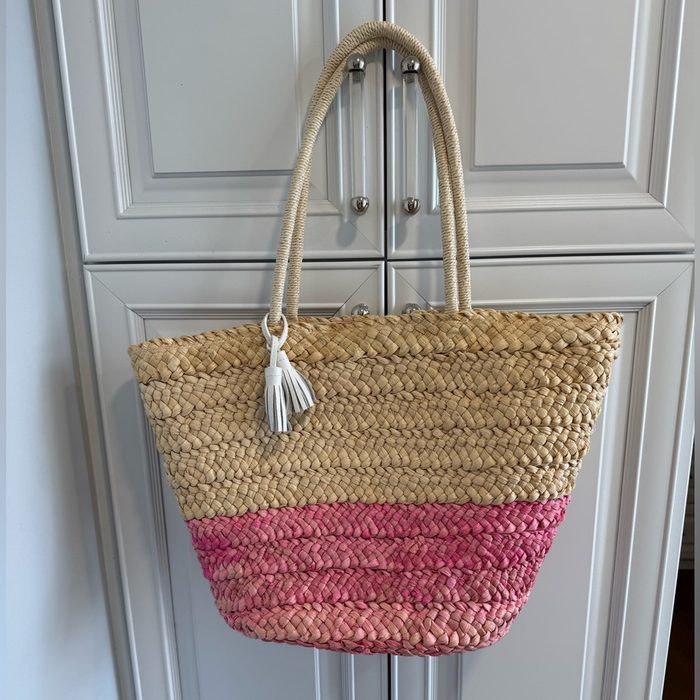 Pink and Tan Woven Tote Bag